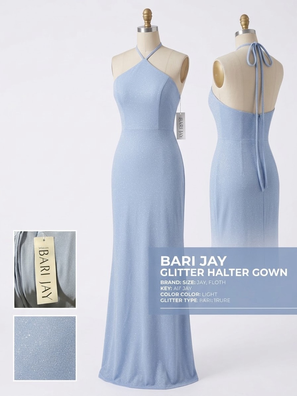 Bari Jay Light Blue One-Shoulder Glitter Gown